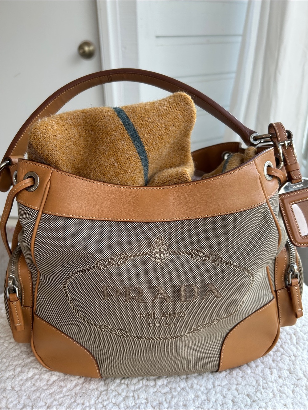 Prada Beige Canvas & Tan Leather Shoulder Bag
